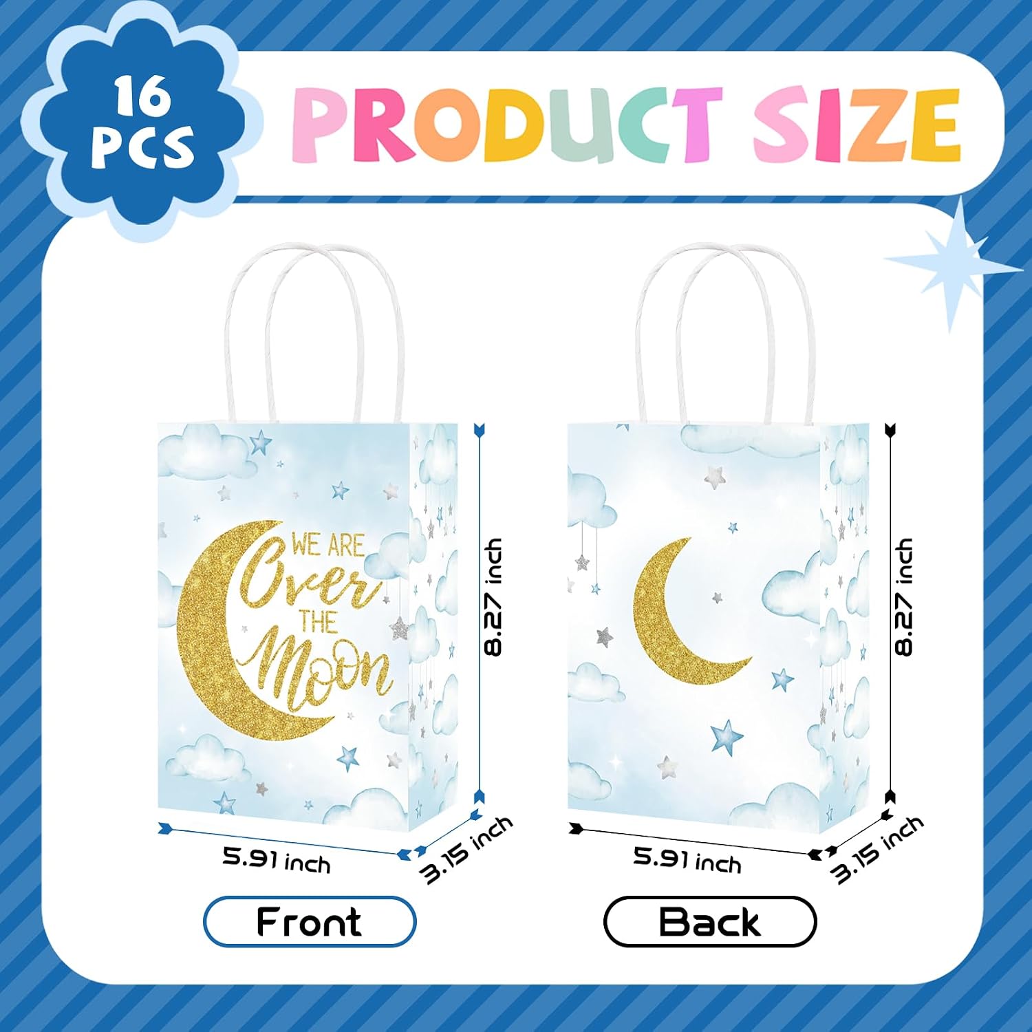 Blue gold moon themed baby shower favor bag with Over The Moon lettering