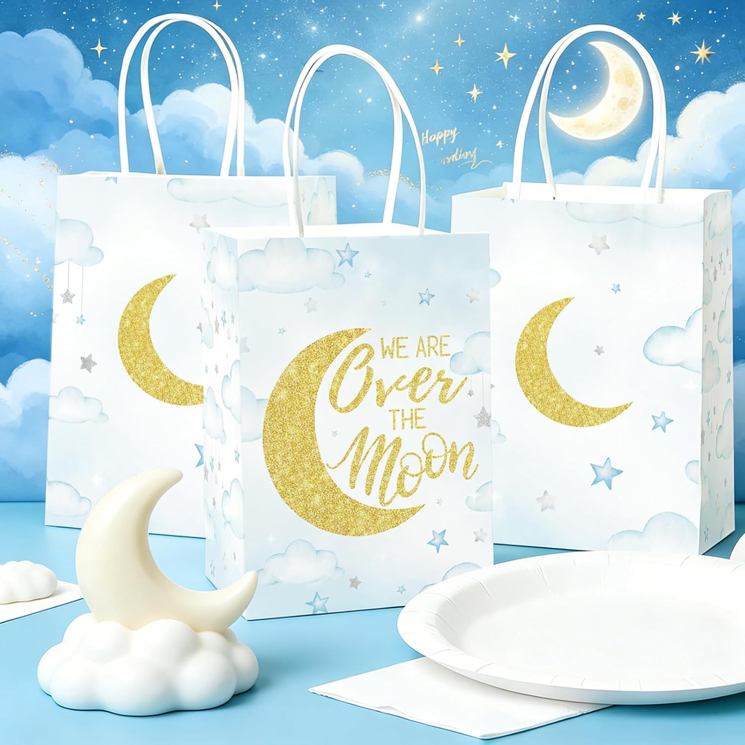 Over The Moon paper gift bag with handles and star moon design