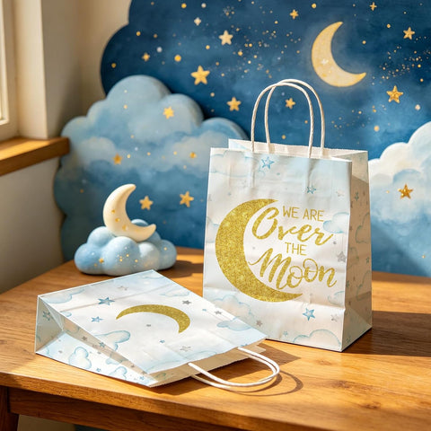 Lifestyle shot of Over The Moon goodie bags filled with baby shower favors