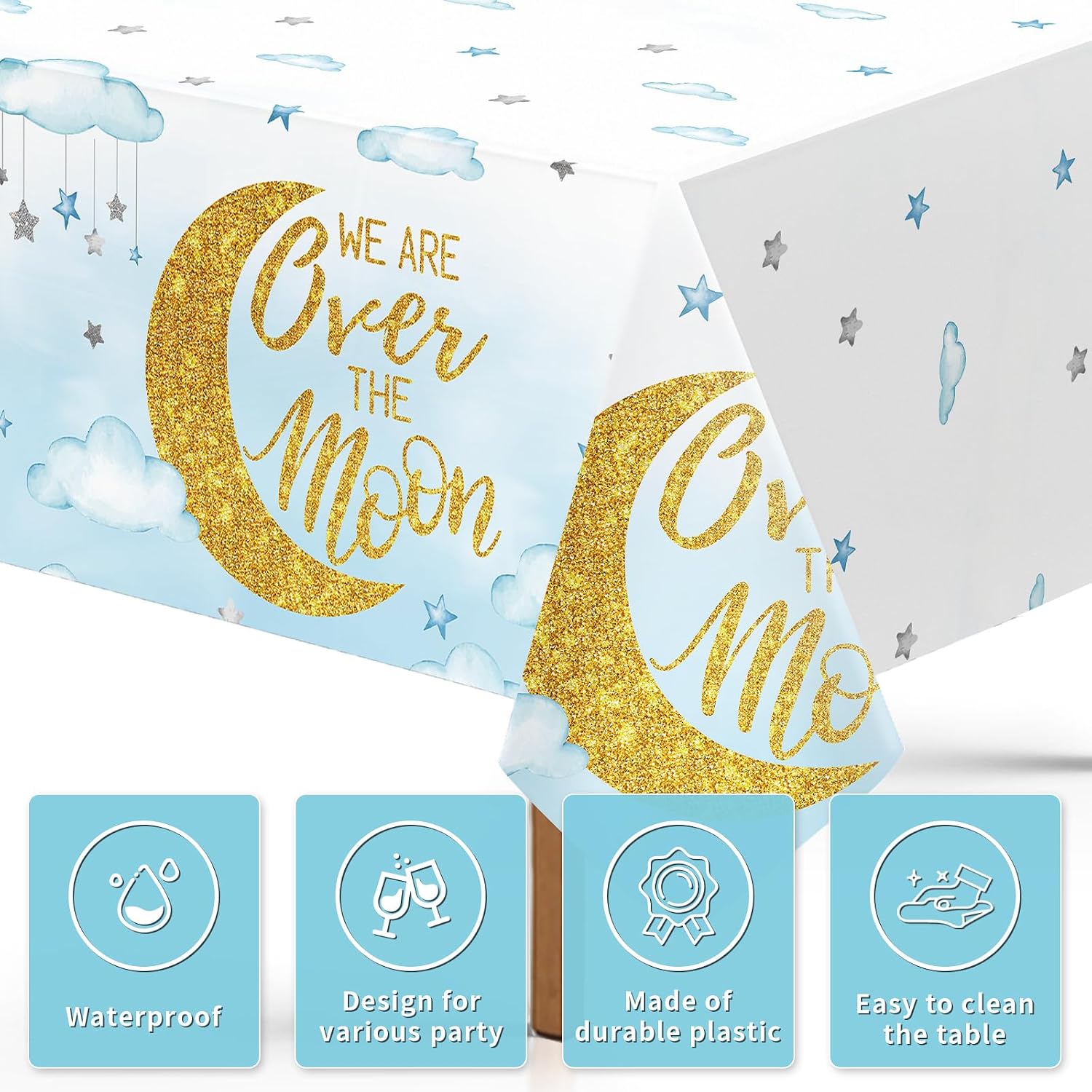 3Pcs Over The Moon Tablecloth Blue Gold Baby Shower - Grencian