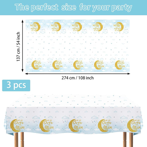 3Pcs Over The Moon Tablecloth Blue Gold Baby Shower - Grencian