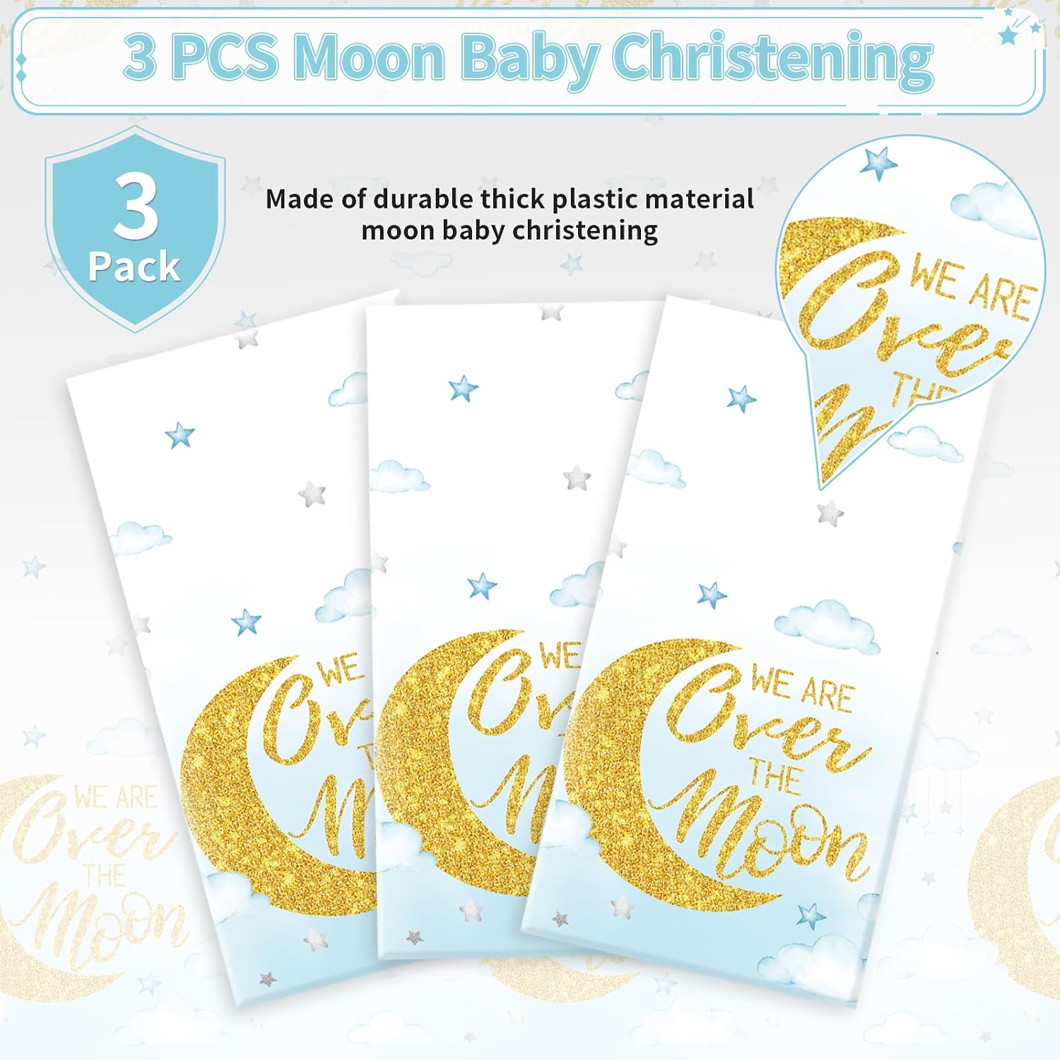 3Pcs Over The Moon Tablecloth Blue Gold Baby Shower - Grencian