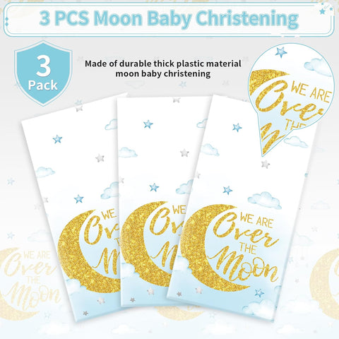 3Pcs Over The Moon Tablecloth Blue Gold Baby Shower - Grencian