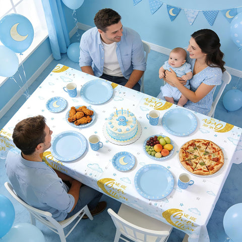 3Pcs Over The Moon Tablecloth Blue Gold Baby Shower - Grencian