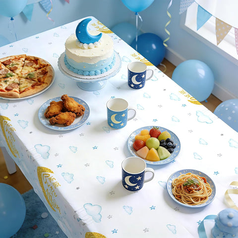 3Pcs Over The Moon Tablecloth Blue Gold Baby Shower - Grencian