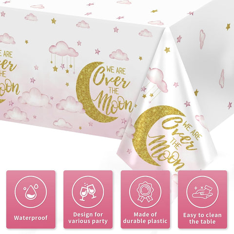 3Pcs Over The Moon Tablecloth Pink Gold Baby Shower - Grencian