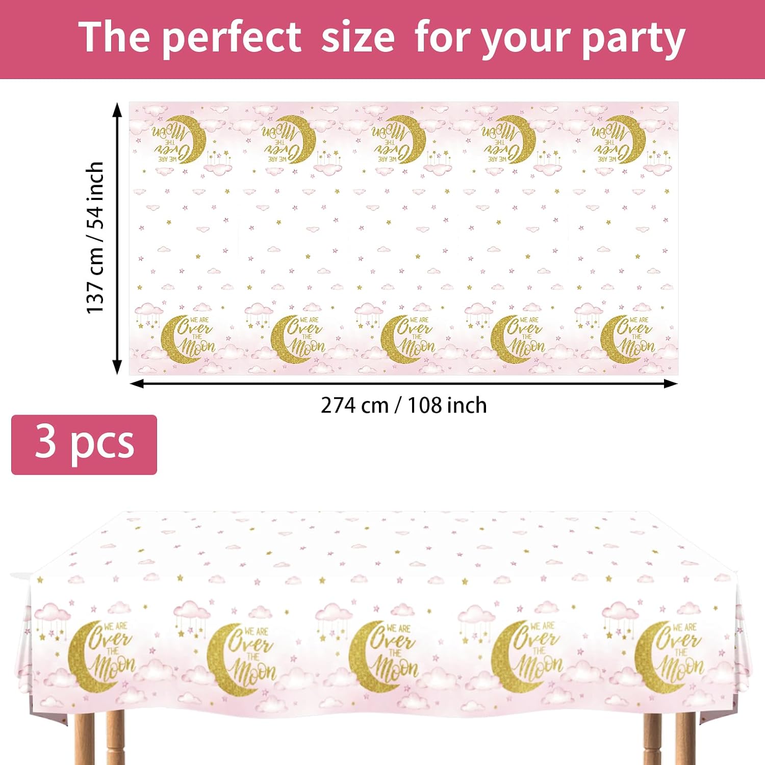 3Pcs Over The Moon Tablecloth Pink Gold Baby Shower - Grencian