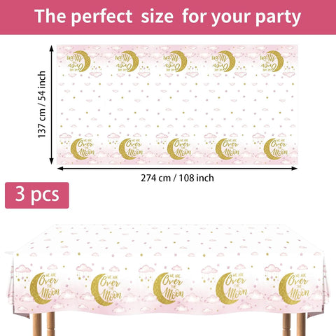 3Pcs Over The Moon Tablecloth Pink Gold Baby Shower - Grencian