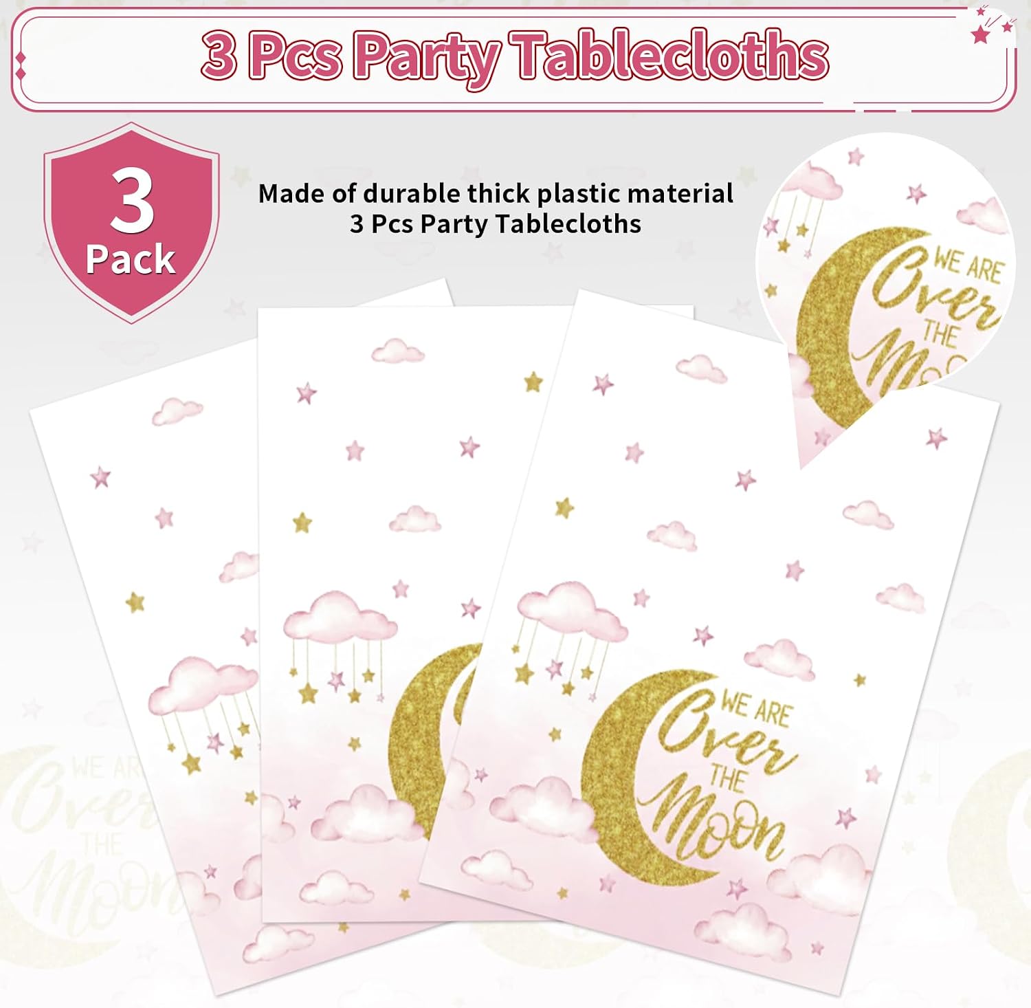 3Pcs Over The Moon Tablecloth Pink Gold Baby Shower - Grencian