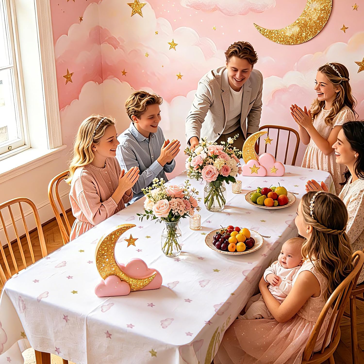3Pcs Over The Moon Tablecloth Pink Gold Baby Shower - Grencian