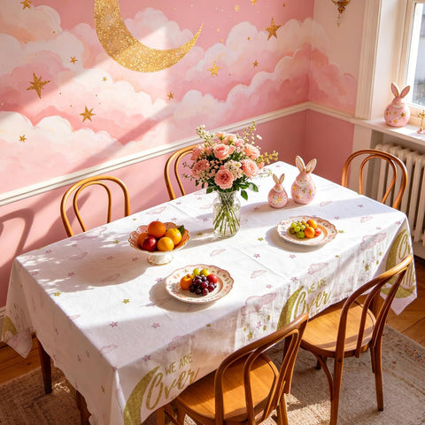 3Pcs Over The Moon Tablecloth Pink Gold Baby Shower - Grencian