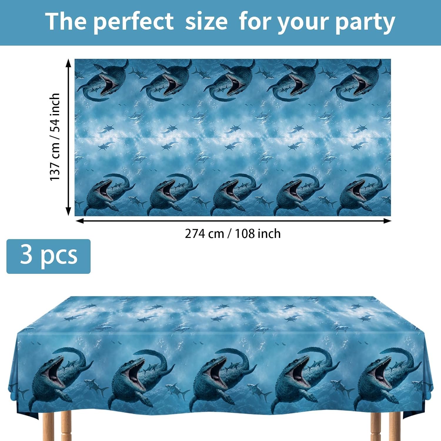 3Pcs Mosasaurus Dinosaur Tablecloth Ocean Theme - Grencian