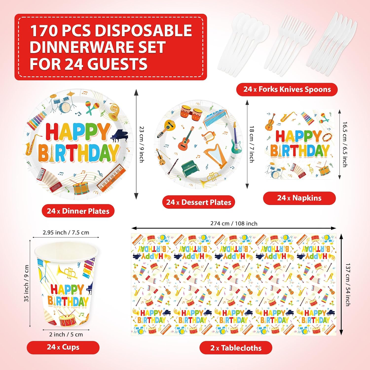 170Pcs Music Birthday Party Supplies Serves 24 - Grencian