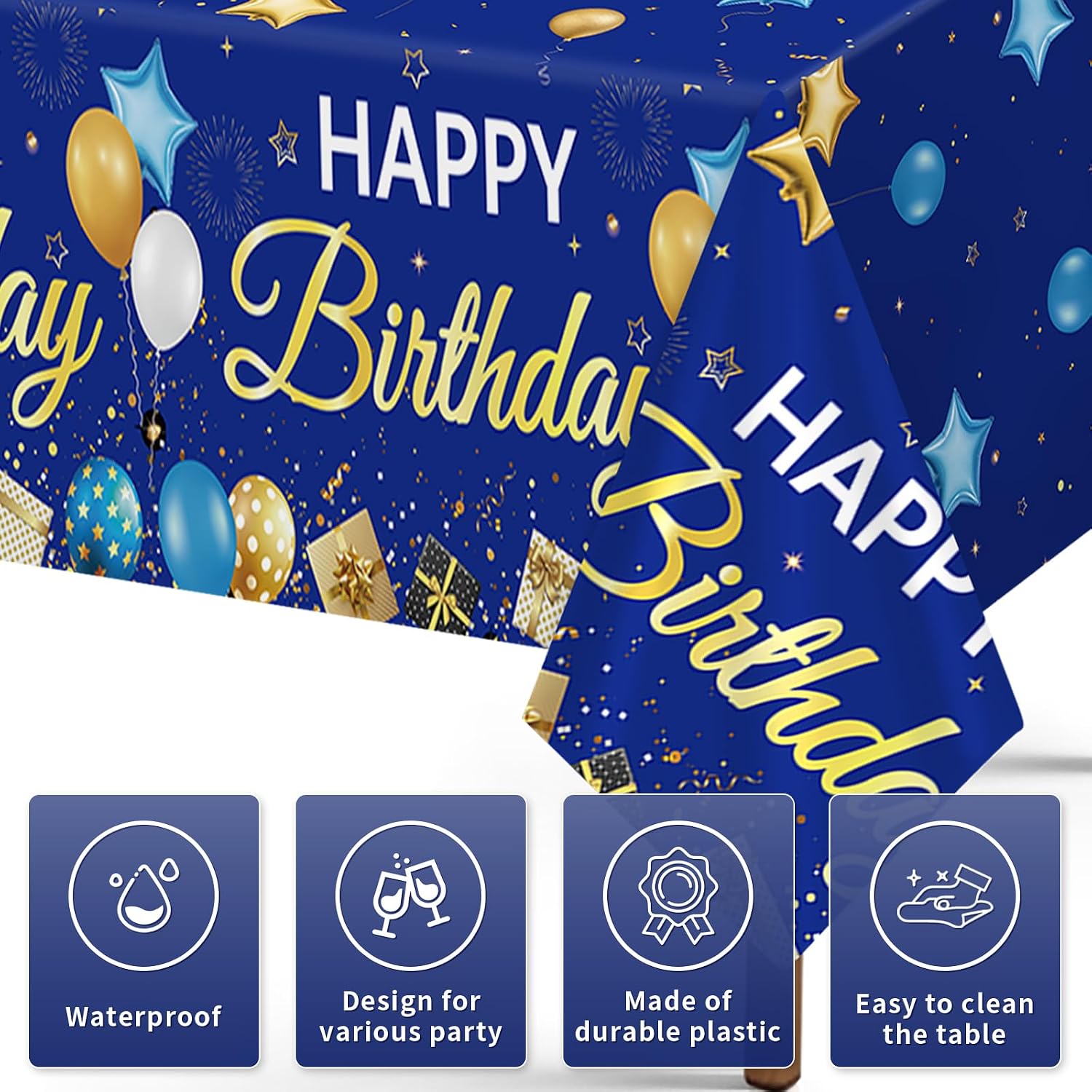 3Pcs Navy Blue Gold Birthday Tablecloth Stars - Grencian