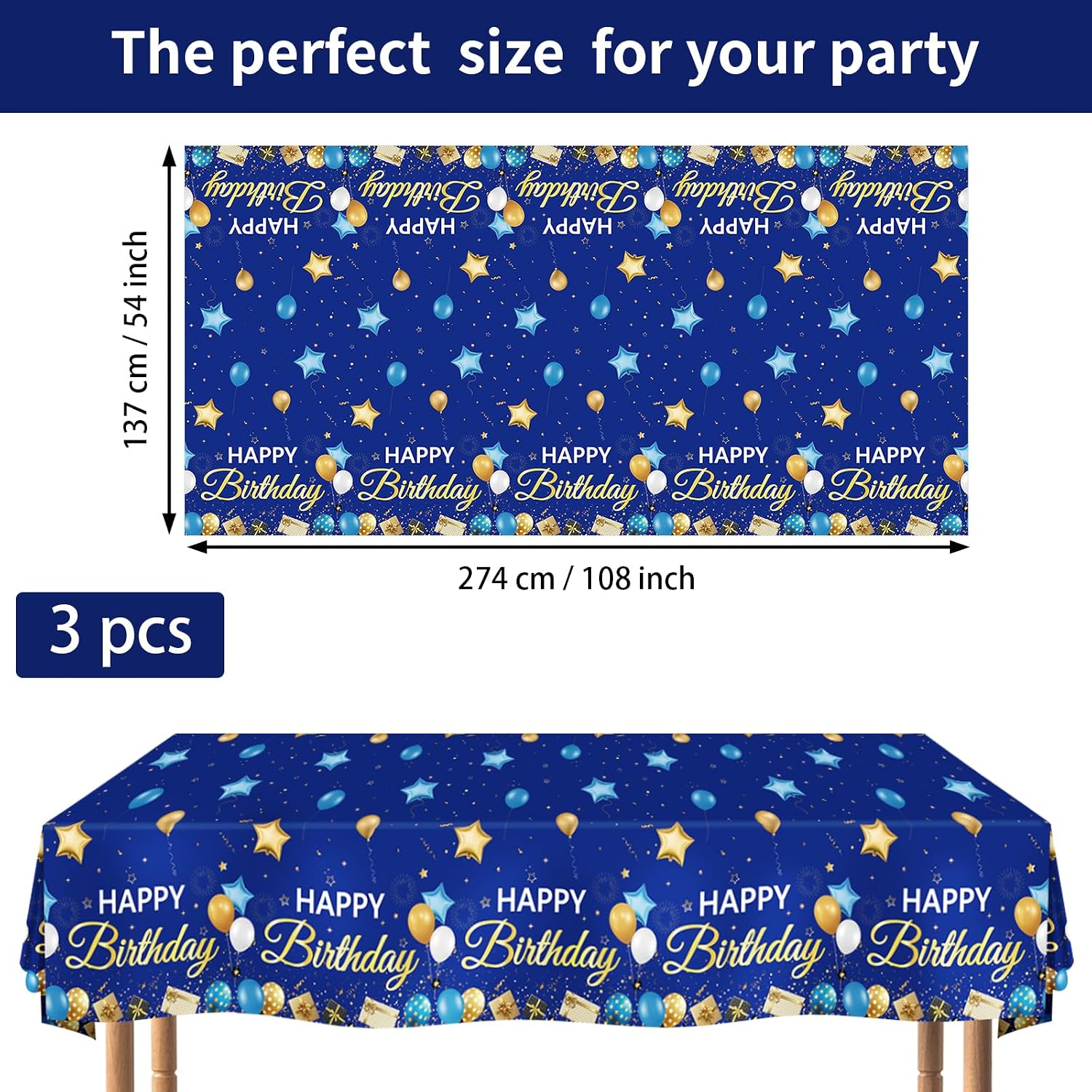 3Pcs Navy Blue Gold Birthday Tablecloth Stars - Grencian