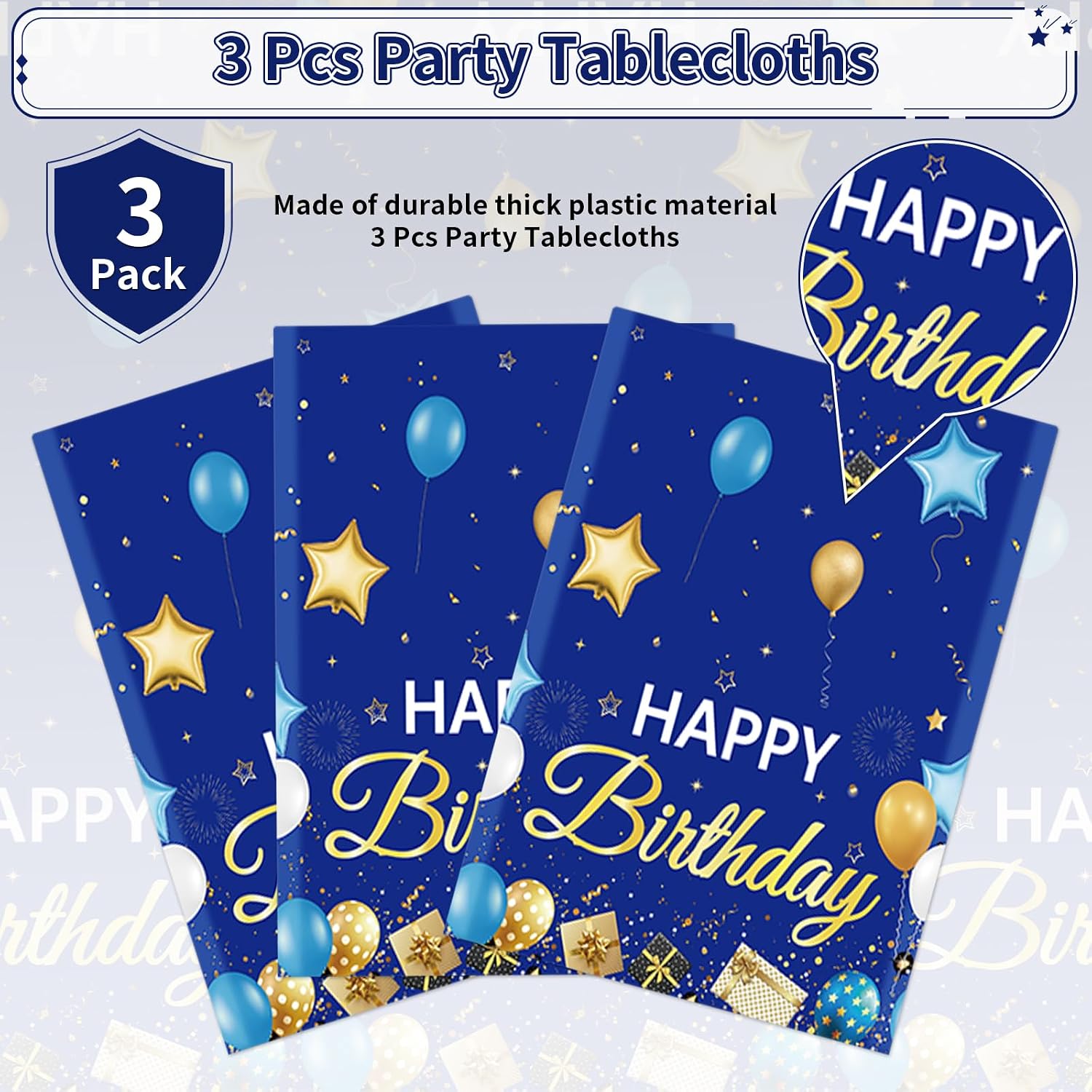 3Pcs Navy Blue Gold Birthday Tablecloth Stars - Grencian