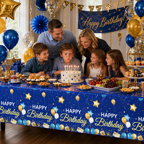 3Pcs Navy Blue Gold Birthday Tablecloth Stars - Grencian