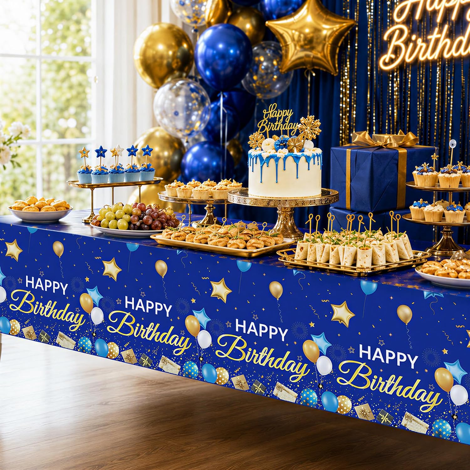 3Pcs Navy Blue Gold Birthday Tablecloth Stars - Grencian