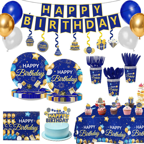 205Pcs Blue Gold Navy Birthday Party Supplies Serves 24 - Grencian
