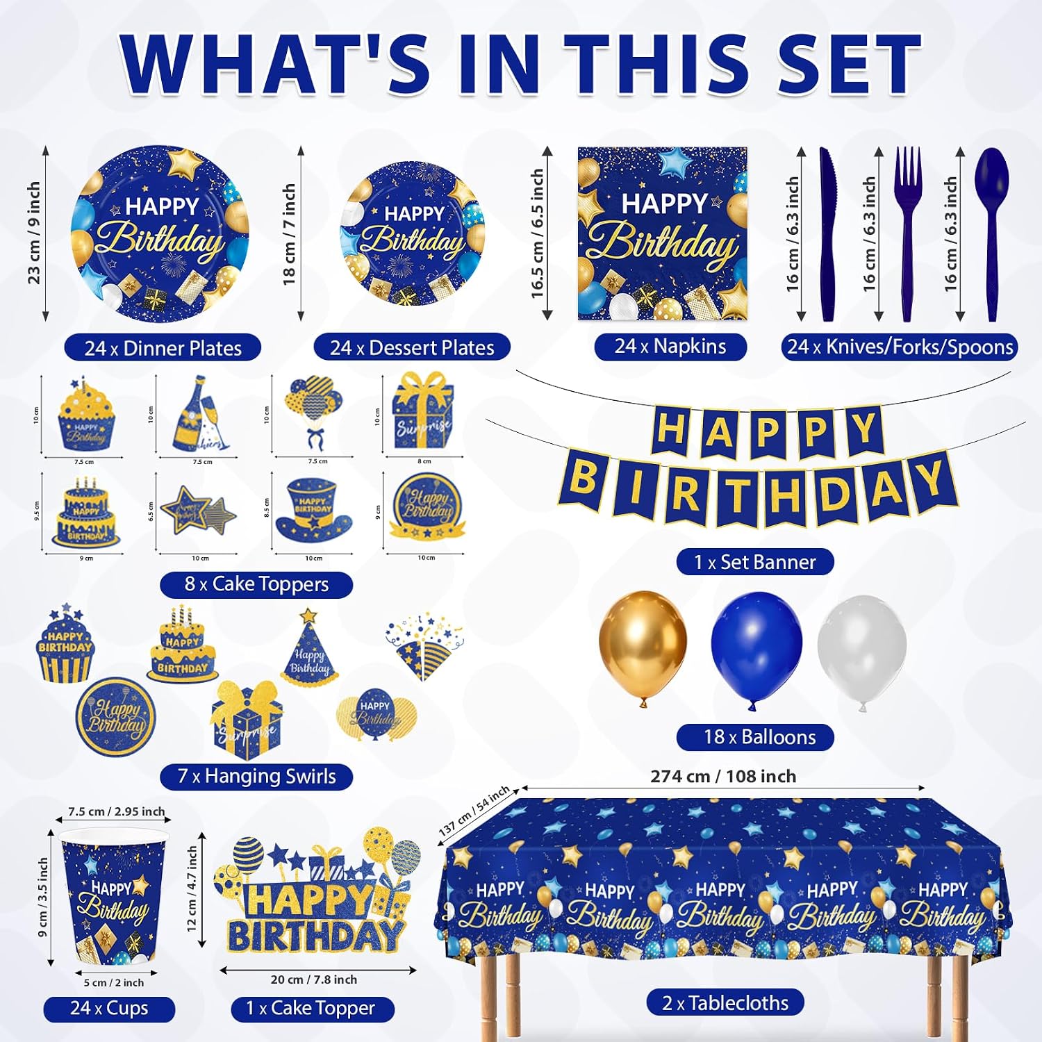 205Pcs Blue Gold Navy Birthday Party Supplies Serves 24 - Grencian
