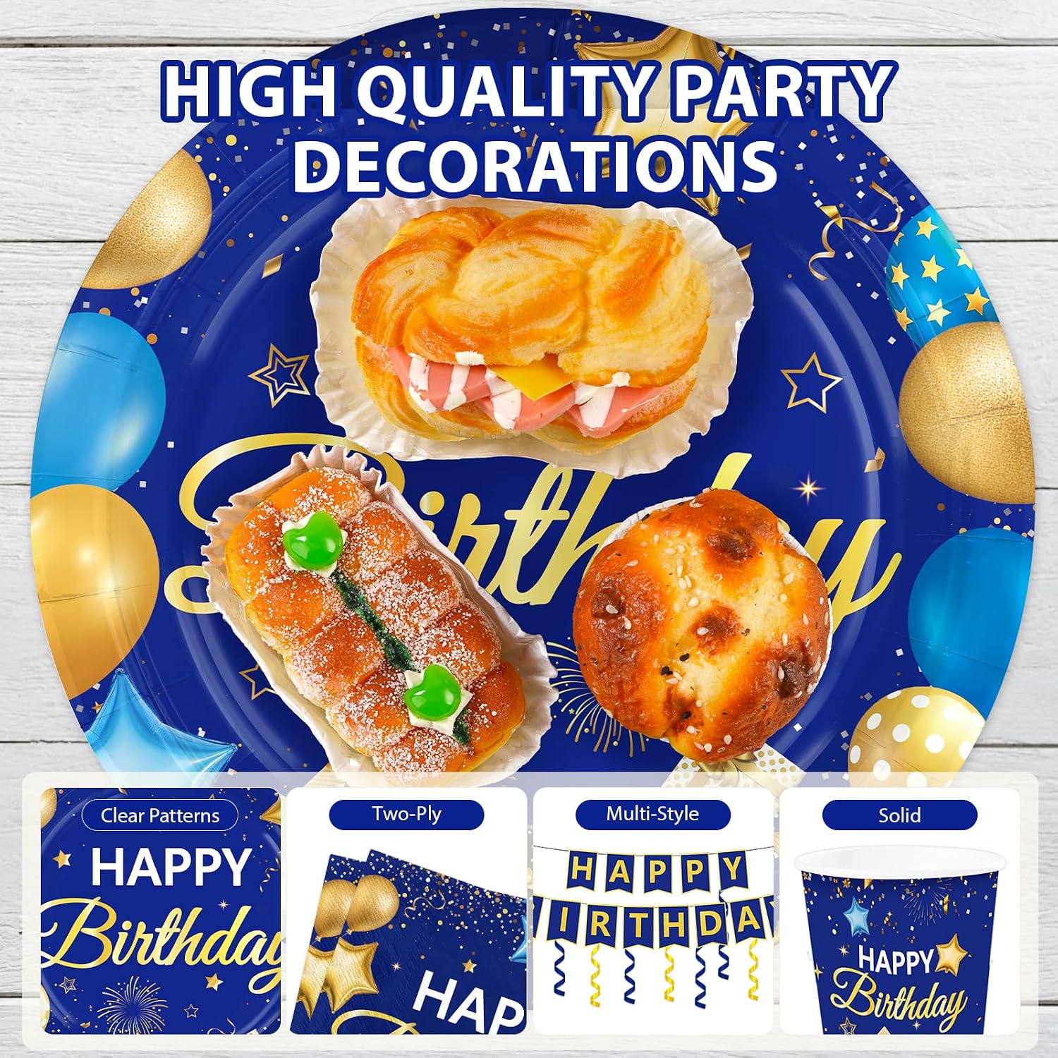 205Pcs Blue Gold Navy Birthday Party Supplies Serves 24 - Grencian