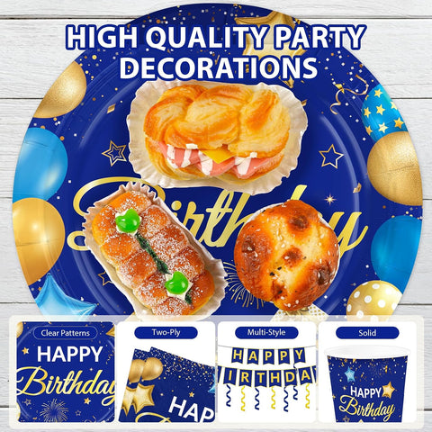 205Pcs Blue Gold Navy Birthday Party Supplies Serves 24 - Grencian