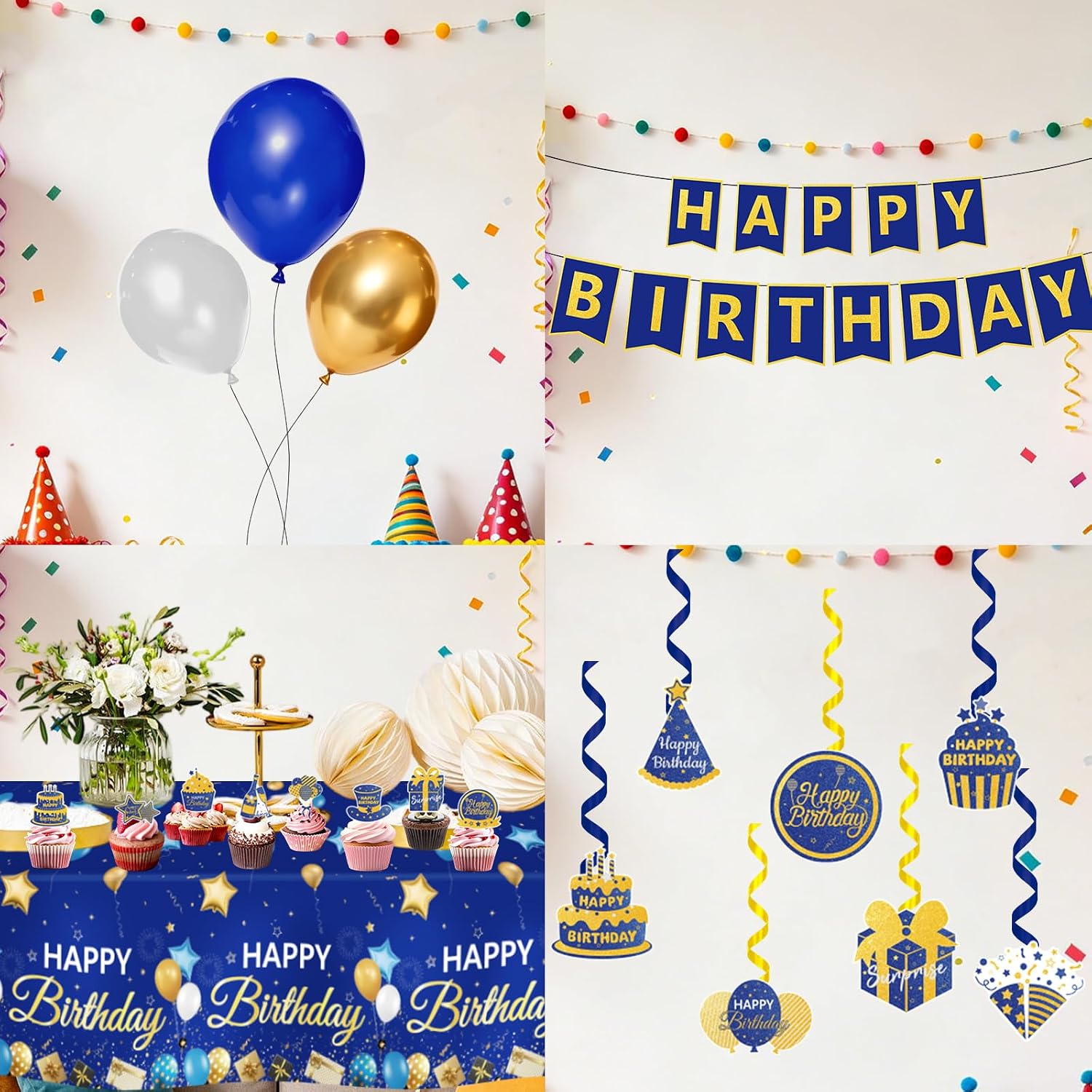 205Pcs Blue Gold Navy Birthday Party Supplies Serves 24 - Grencian
