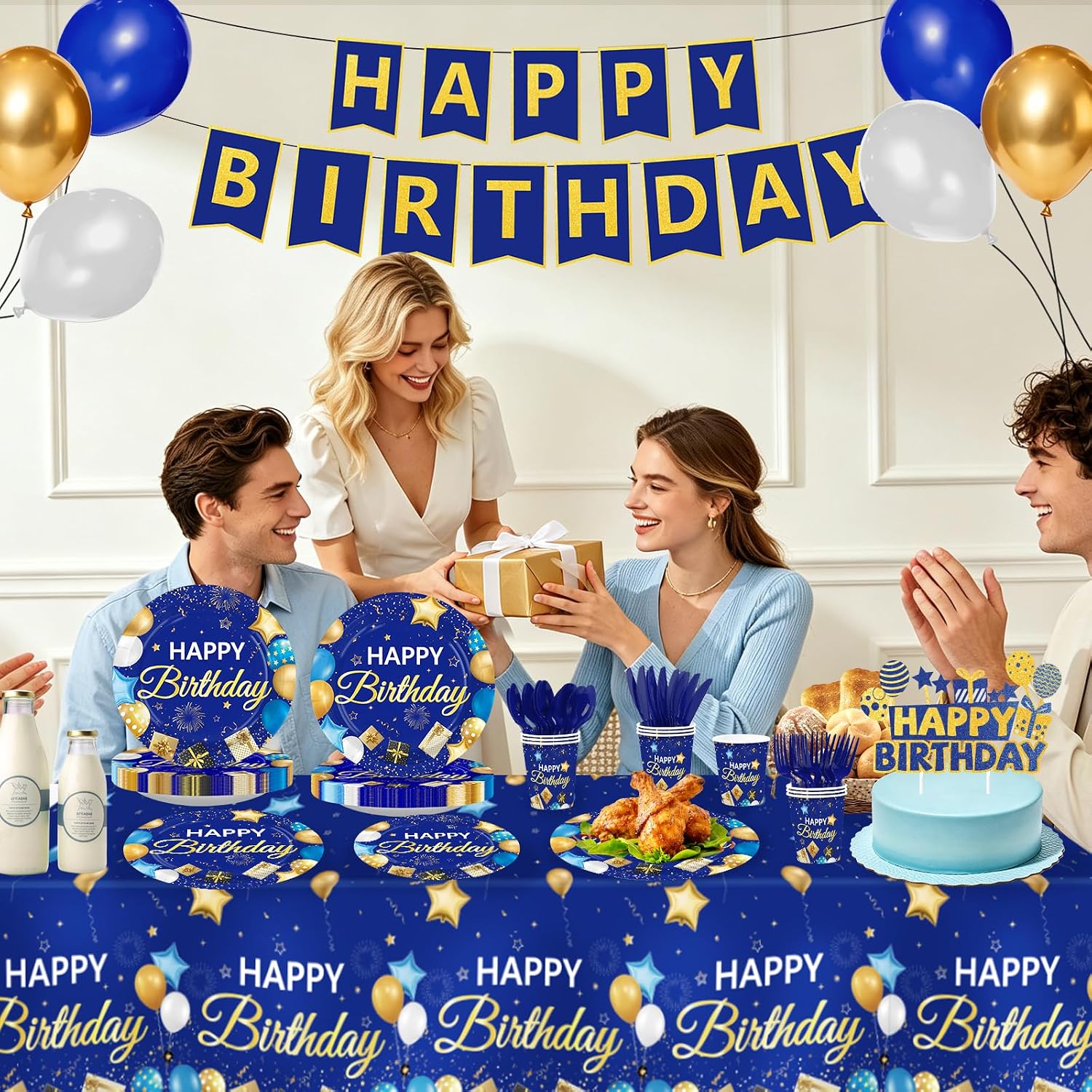 205Pcs Blue Gold Navy Birthday Party Supplies Serves 24 - Grencian