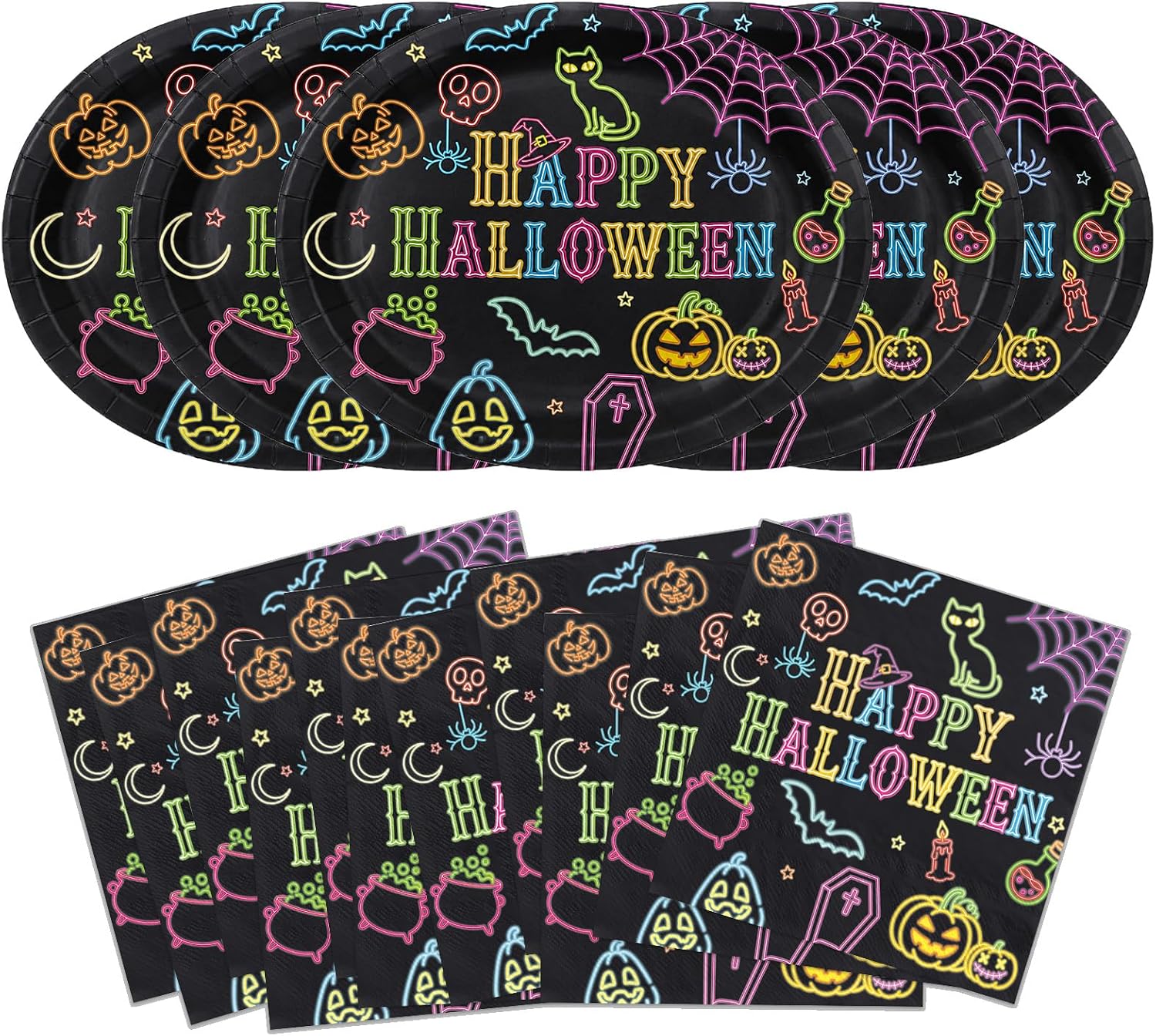 Grencian 100Pcs neon Halloween oval plates and napkins