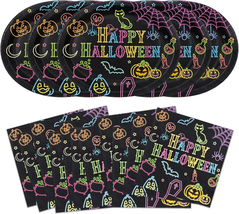 Grencian 100Pcs neon Halloween oval plates and napkins