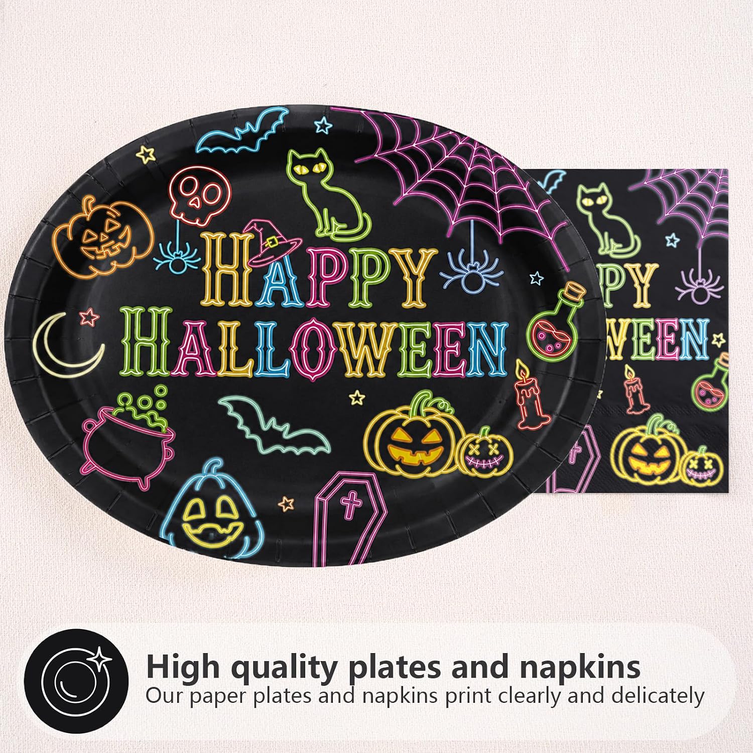 Neon Halloween oval plate with matching napkins