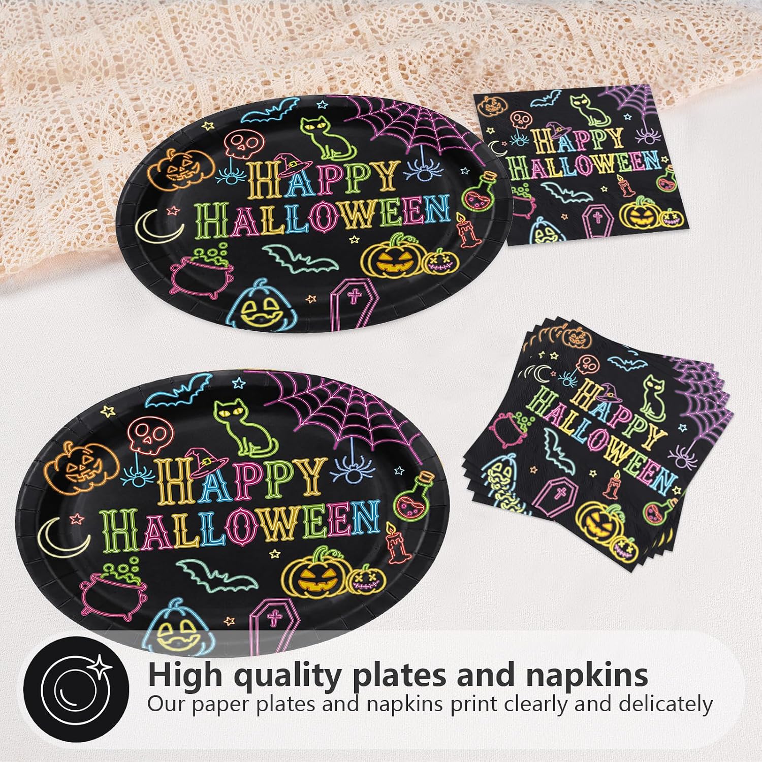 Close up of the neon glow Halloween oval plates and napkins