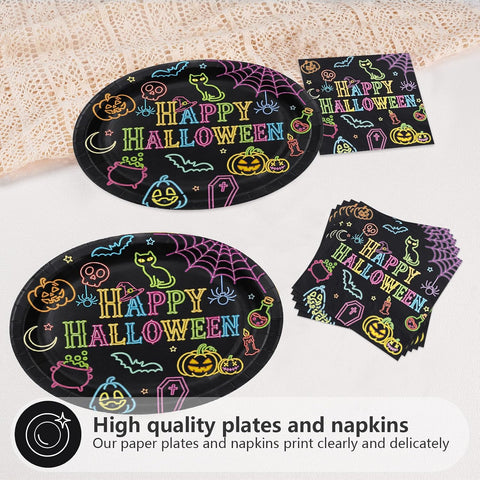 Close up of the neon glow Halloween oval plates and napkins