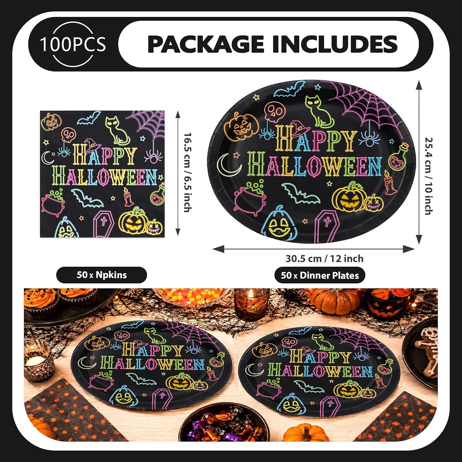 Package contents of the 100Pcs neon Halloween set
