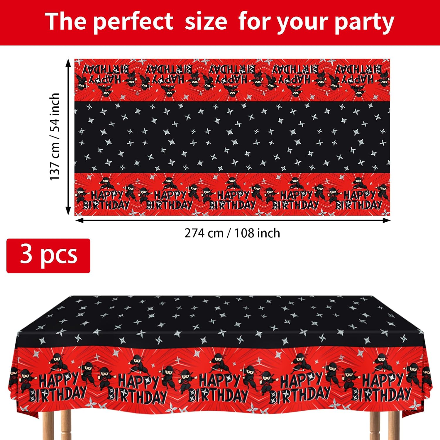 3Pcs Ninja Birthday Tablecloth Red Black Warrior - Grencian