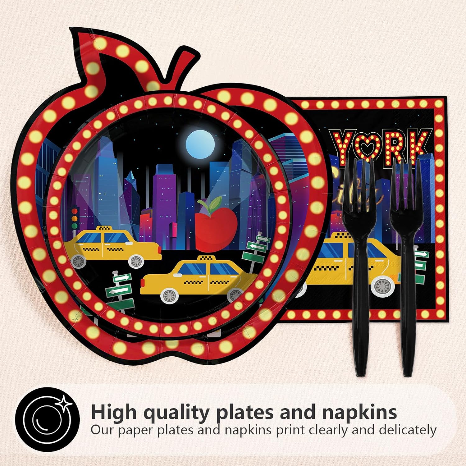 Apple shaped New York neon cityscape dinner plate and napkin