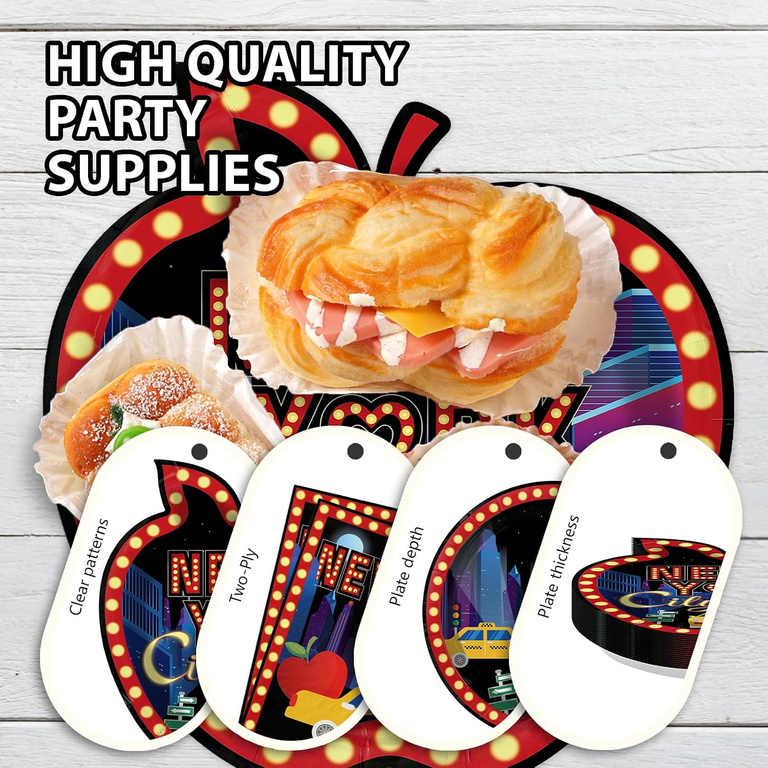 Apple shaped NYC plate holding party food with napkins