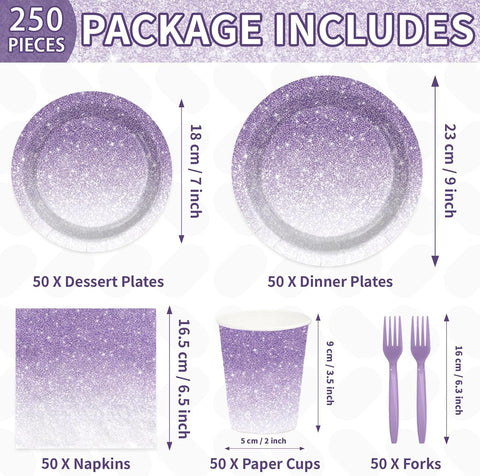 250Pcs Ombre Purple Birthday Decorations Serves 50 - Grencian
