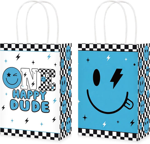 Grencian 16-piece One Happy Dude smile face goodie bags set with blue and plaid design