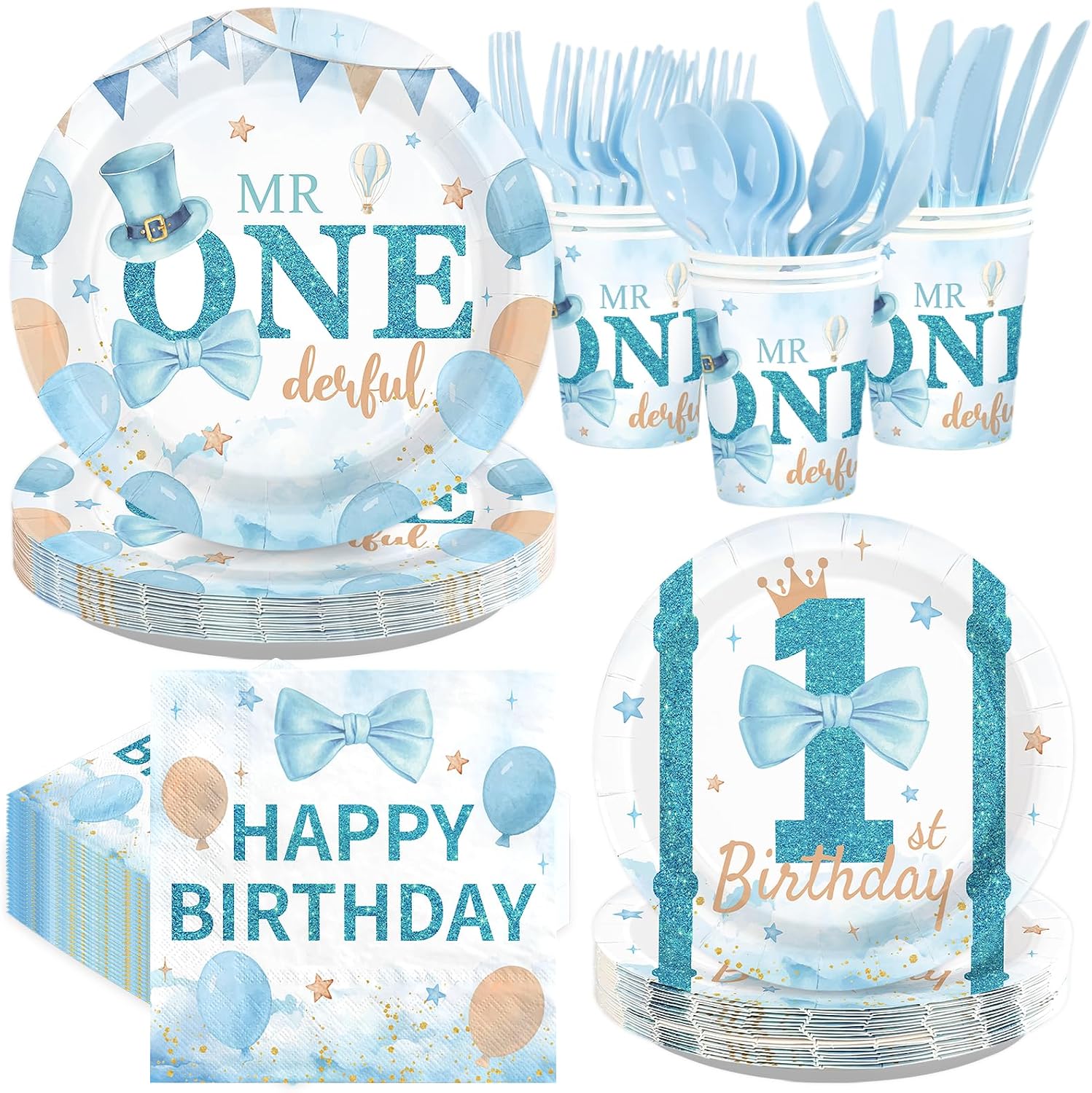 Greencian 168-piece Mr Onederful baby boy 1st birthday supplies with blue white tableware