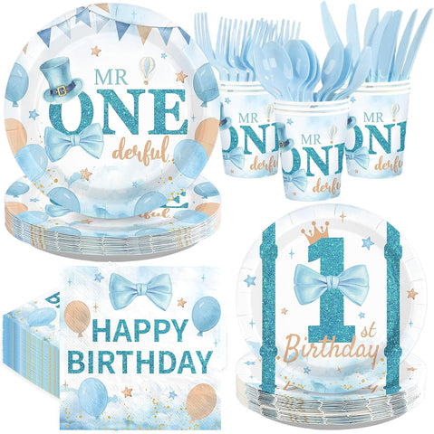 Greencian 168-piece Mr Onederful baby boy 1st birthday supplies with blue white tableware