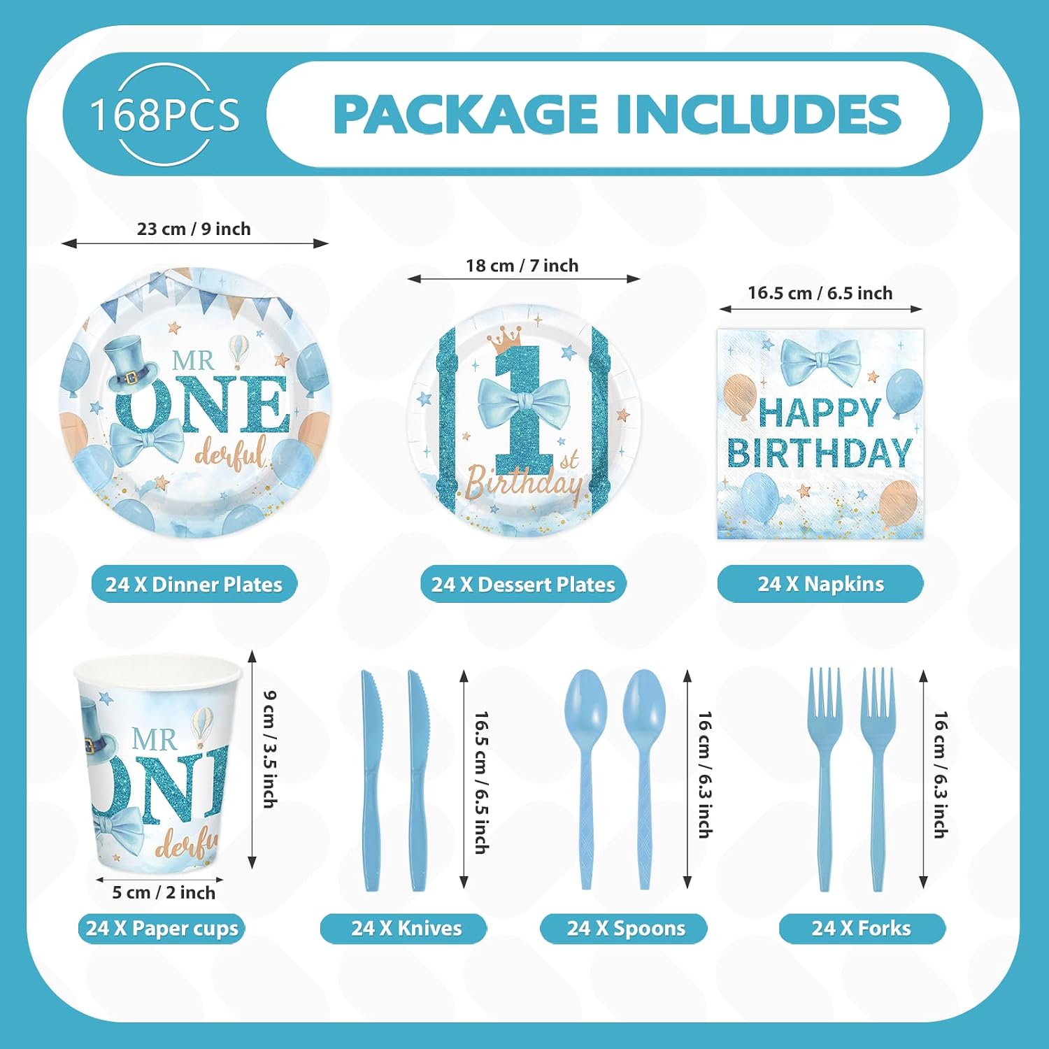 Full set of Mr Onederful blue white plates napkins cups cutlery flat lay