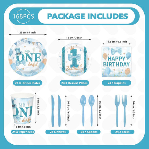 Full set of Mr Onederful blue white plates napkins cups cutlery flat lay