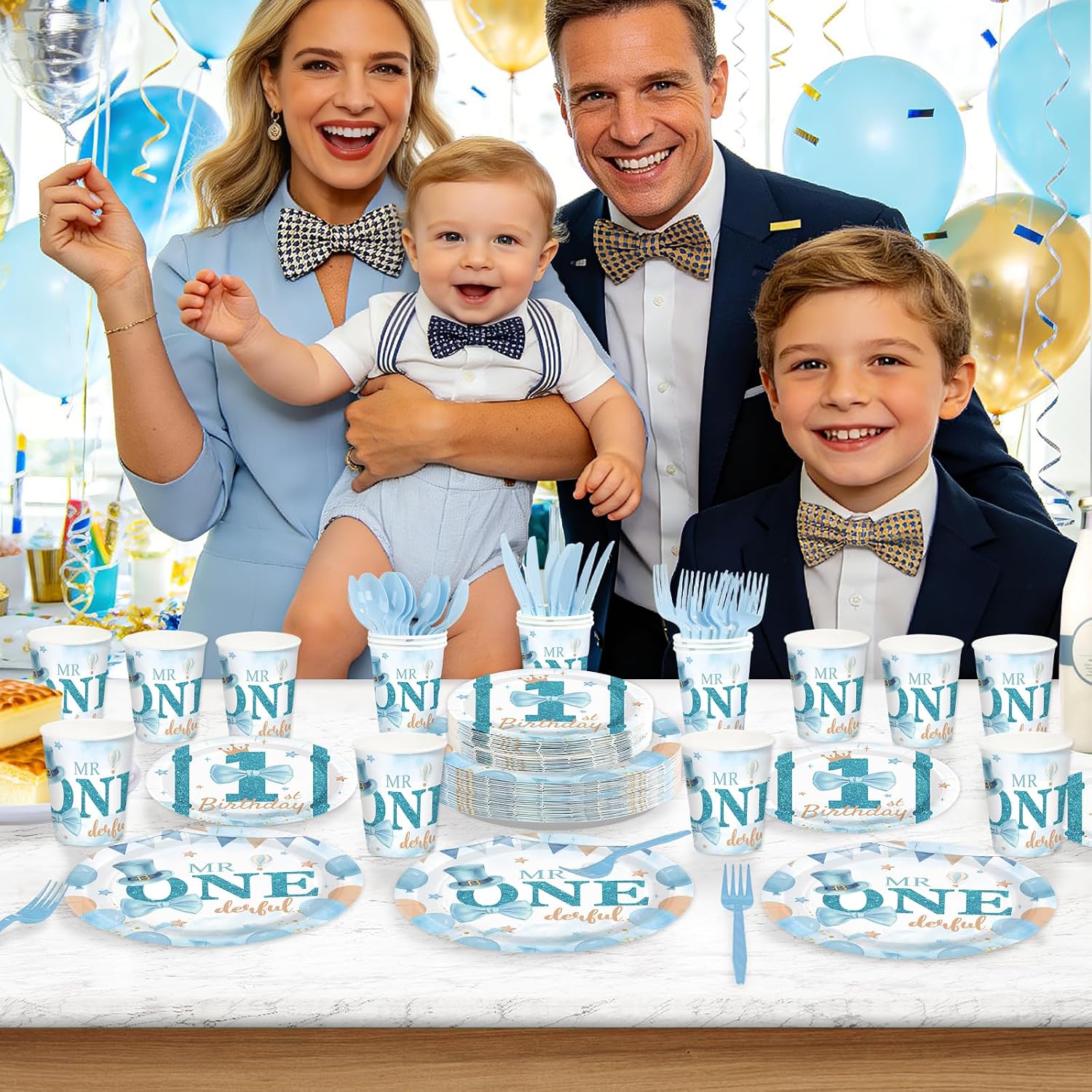 Blue white first birthday party scene with onederful tableware