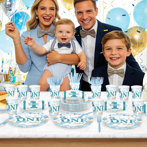Blue white first birthday party scene with onederful tableware