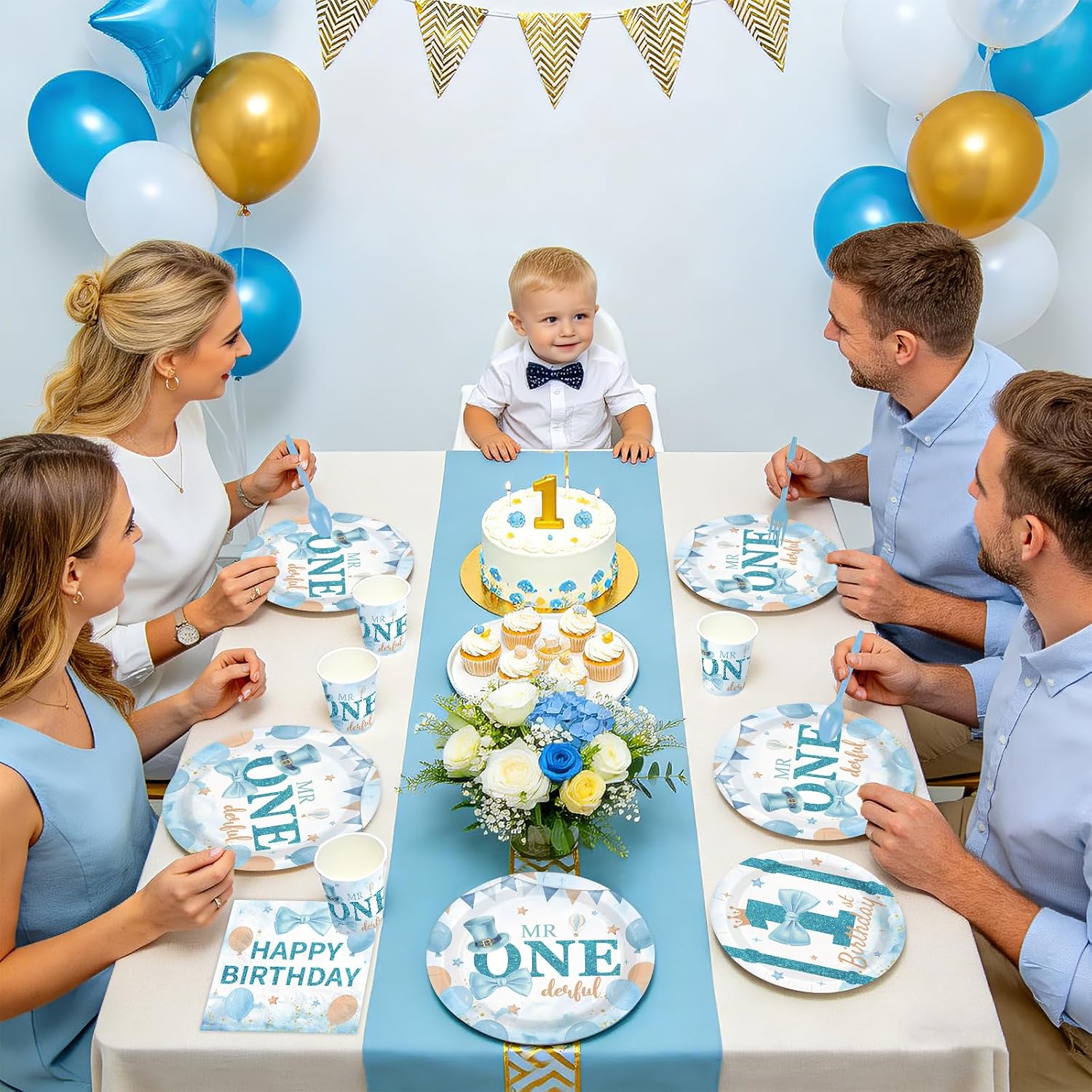 Mr Onederful themed dessert table with baby boy decorations