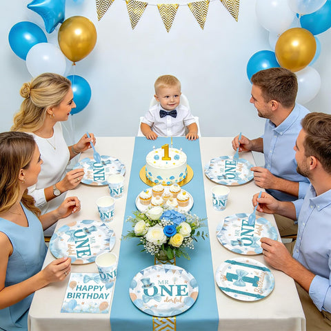 Mr Onederful themed dessert table with baby boy decorations