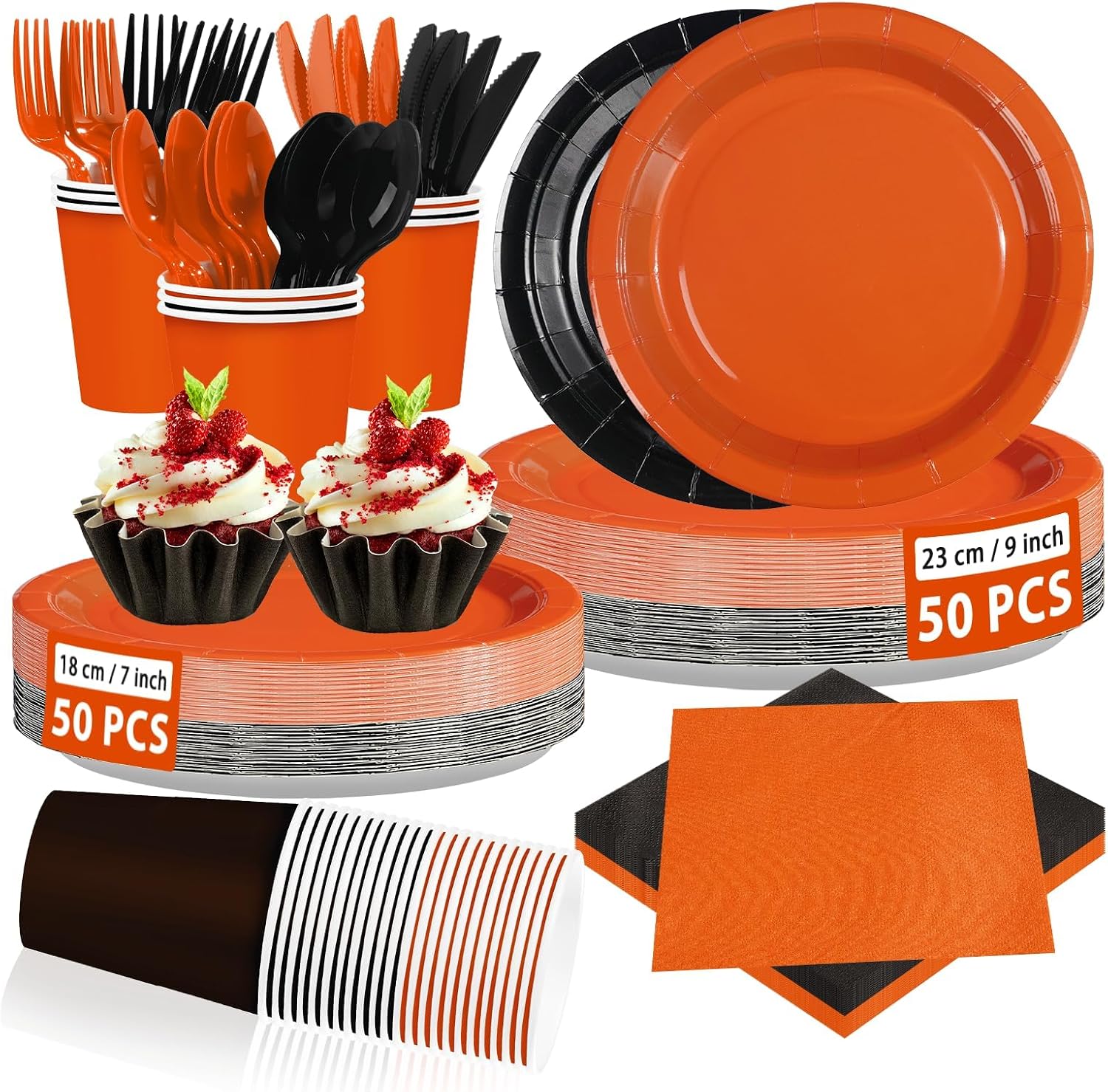 350Pcs Orange Black Party Decorations Serves 50 - Grencian