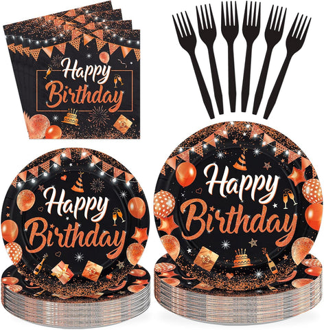 Black and orange birthday party set for 24 with plates napkins and forks