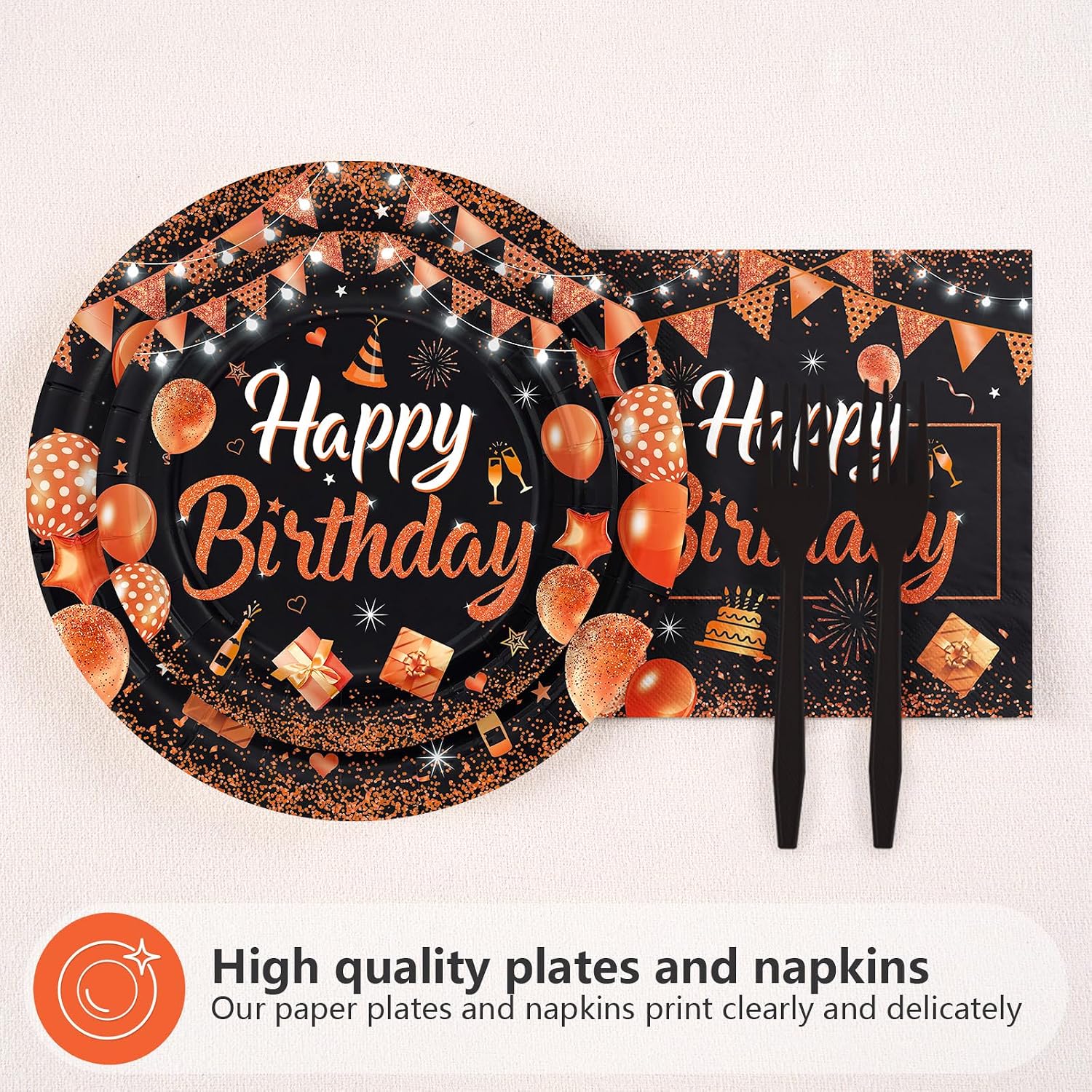 Black birthday dinner plate with glittering orange Happy Birthday lettering